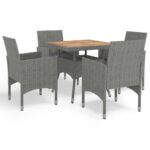 5-Piece Garden Dining Set Grey Poly Rattan Wicker Outdoor Patio Furniture Acacia Wood