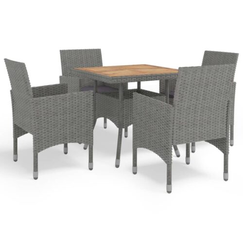 5-Piece Garden Dining Set Grey Poly Rattan Wicker Outdoor Patio Furniture Acacia Wood