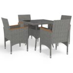 5-Piece Garden Dining Set Grey Poly Rattan Wicker Outdoor Patio Furniture Acacia Wood