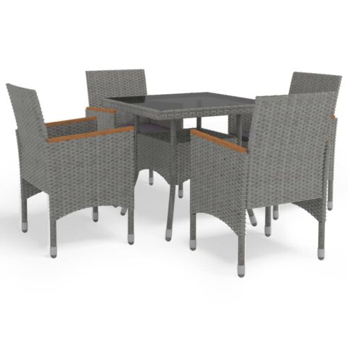 5-Piece Garden Dining Set Grey Poly Rattan Wicker Outdoor Patio Furniture Acacia Wood