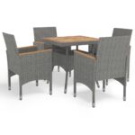 5-Piece Garden Dining Set Grey Poly Rattan Wicker Outdoor Patio Furniture Acacia Wood