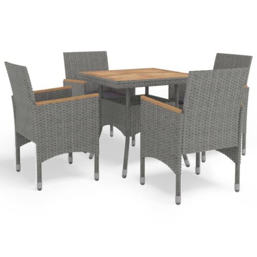 5-Piece Garden Dining Set Grey Poly Rattan Wicker Outdoor Patio Furniture Acacia Wood