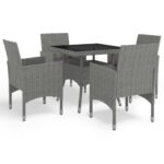 5-Piece Garden Dining Set Grey Poly Rattan Wicker Outdoor Patio Furniture Glass