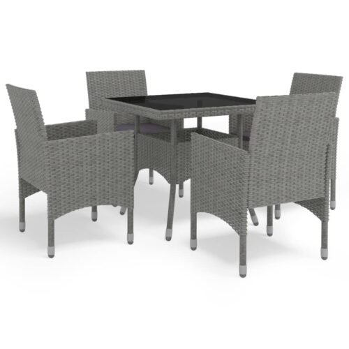 5-Piece Garden Dining Set Grey Poly Rattan Wicker Outdoor Patio Furniture Glass
