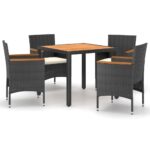 5-Piece Garden Dining Set Poly Rattan Wicker Outdoor Patio Furniture & Acacia Wood Timber Outdoor Patio Furniture Black