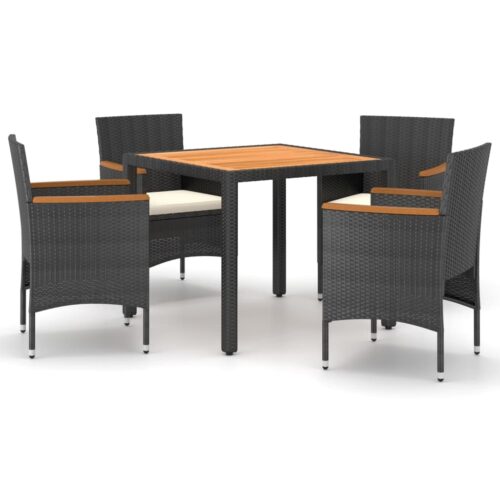 5-Piece Garden Dining Set Poly Rattan Wicker Outdoor Patio Furniture & Acacia Wood Timber Outdoor Patio Furniture Black
