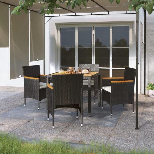 5-Piece Garden Dining Set Poly Rattan Wicker Outdoor Patio Furniture & Acacia Wood Timber Outdoor Patio Furniture Black - Image 2