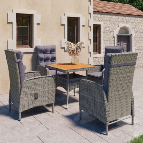 5-Piece Garden Dining Set Poly Rattan Wicker Outdoor Patio Furniture Acacia Wood Grey - Image 2