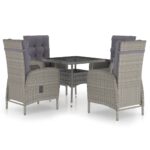 5-Piece Garden Dining Set Poly Rattan Wicker Outdoor Patio Furniture Glass Grey