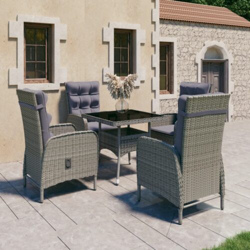 5-Piece Garden Dining Set Poly Rattan Wicker Outdoor Patio Furniture Glass Grey - Image 2