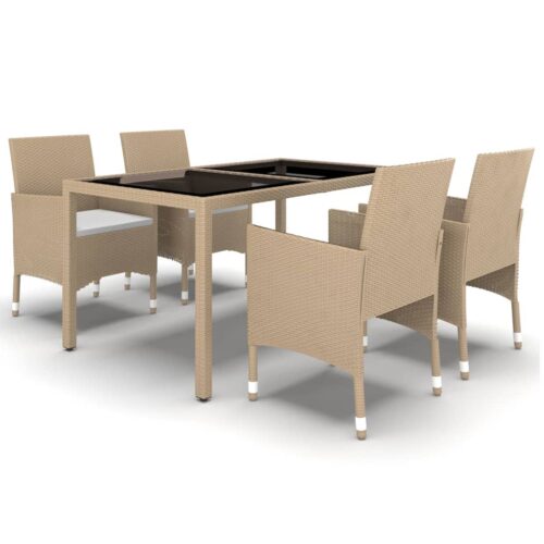 5-Piece Garden Dining Set Poly Rattan Wicker Outdoor Patio Furniture Tempered Glass Beige