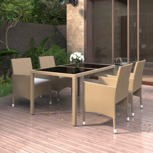 5-Piece Garden Dining Set Poly Rattan Wicker Outdoor Patio Furniture Tempered Glass Beige - Image 2