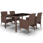 5-Piece Garden Dining Set Poly Rattan Wicker Outdoor Patio Furniture Tempered Glass Brown