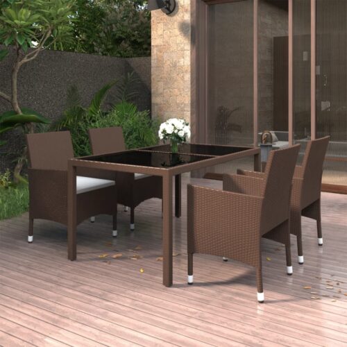 5-Piece Garden Dining Set Poly Rattan Wicker Outdoor Patio Furniture Tempered Glass Brown - Image 2