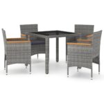 5-Piece Garden Dining Set Poly Rattan Wicker Outdoor Patio Furniture Tempered Glass Grey