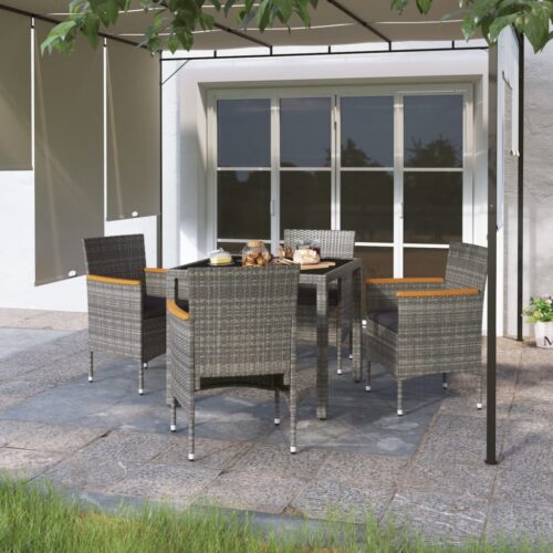 5-Piece Garden Dining Set Poly Rattan Wicker Outdoor Patio Furniture Tempered Glass Grey - Image 2