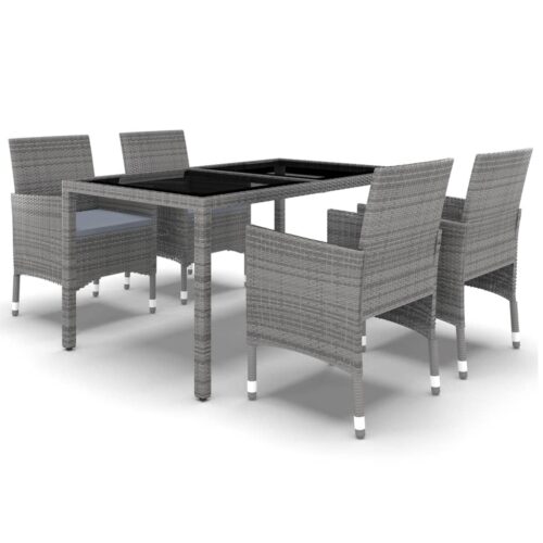 5-Piece Garden Dining Set Poly Rattan Wicker Outdoor Patio Furniture Tempered Glass Grey