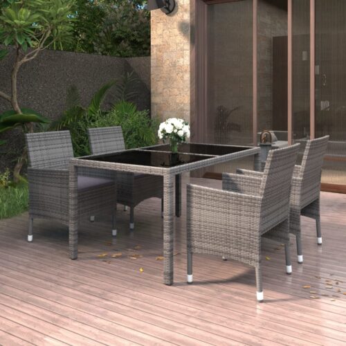 5-Piece Garden Dining Set Poly Rattan Wicker Outdoor Patio Furniture Tempered Glass Grey - Image 2