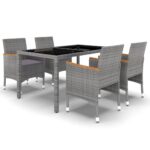 5-Piece Garden Dining Set Poly Rattan Wicker Outdoor Patio Furniture Tempered Glass Grey