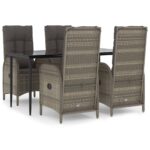 5-Piece Garden Dining Set with Cushions Black Grey Poly Rattan Wicker Outdoor Patio Furniture
