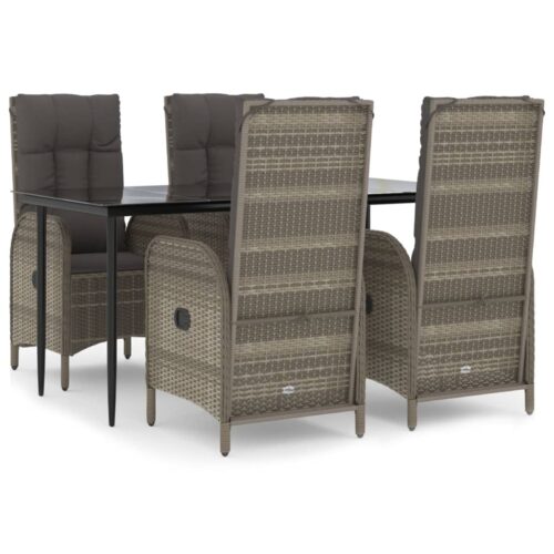 5-Piece Garden Dining Set with Cushions Black Grey Poly Rattan Wicker Outdoor Patio Furniture