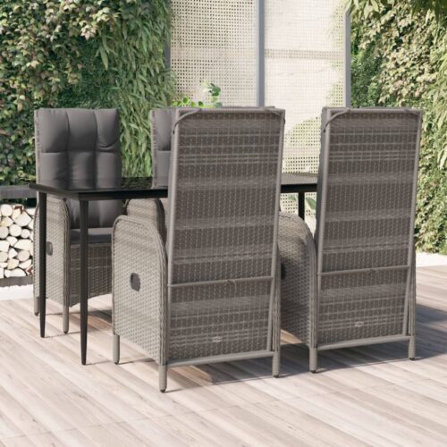 5-Piece Garden Dining Set with Cushions Black Grey Poly Rattan Wicker Outdoor Patio Furniture - Image 2