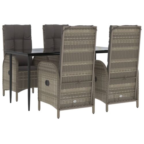 5-Piece Garden Dining Set with Cushions Black Grey Poly Rattan Wicker Outdoor Patio Furniture - Image 3