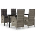 5-Piece Garden Dining Set with Cushions Black Grey Poly Rattan Wicker Outdoor Patio Furniture