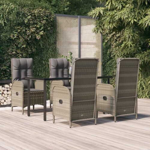 5-Piece Garden Dining Set with Cushions Black Grey Poly Rattan Wicker Outdoor Patio Furniture - Image 2