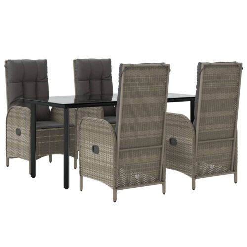 5-Piece Garden Dining Set with Cushions Black Grey Poly Rattan Wicker Outdoor Patio Furniture - Image 3