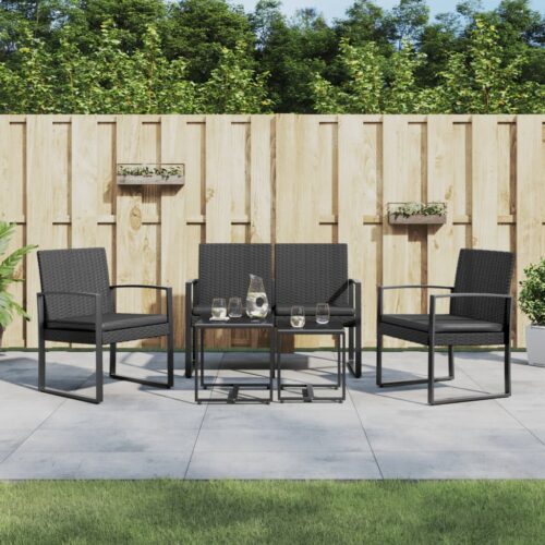 5-Piece Garden Dining Set with Cushions Black PP Rattan - Image 2
