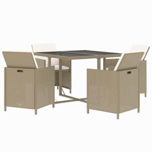5-Piece Garden Dining Set with Cushions Poly Rattan Wicker Outdoor Patio Furniture Beige - Image 3