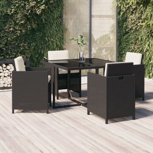 5-Piece Garden Dining Set with Cushions Poly Rattan Wicker Outdoor Patio Furniture Black - Image 2