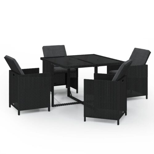 5-Piece Garden Dining Set with Cushions Poly Rattan Wicker Outdoor Patio Furniture Black