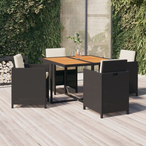 5-Piece Garden Dining Set with Cushions Poly Rattan Wicker Outdoor Patio Furniture Black - Image 2