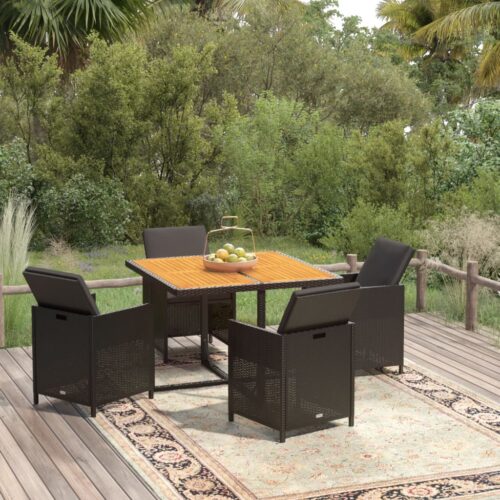 5-Piece Garden Dining Set with Cushions Poly Rattan Wicker Outdoor Patio Furniture Black - Image 2