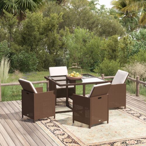 5-Piece Garden Dining Set with Cushions Poly Rattan Wicker Outdoor Patio Furniture Brown - Image 2