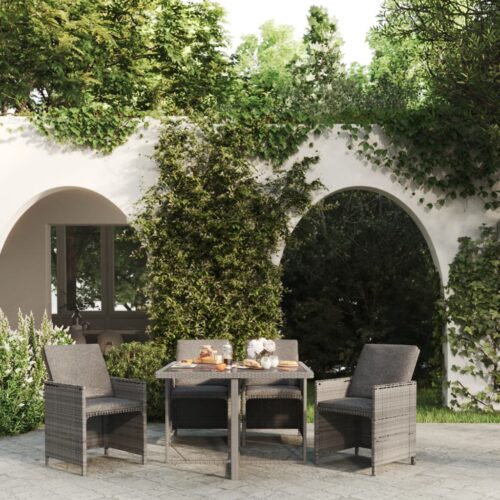 5-Piece Garden Dining Set with Cushions Poly Rattan Wicker Outdoor Patio Furniture Grey - Image 2