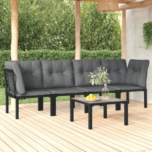 5-Piece Garden Lounge Set Black Grey Poly Rattan Wicker Outdoor Patio Furniture - Image 2