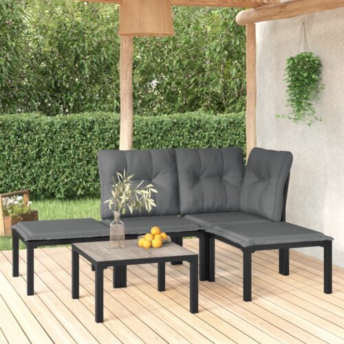 5-Piece Garden Lounge Set Black Grey Poly Rattan Wicker Outdoor Patio Furniture - Image 2