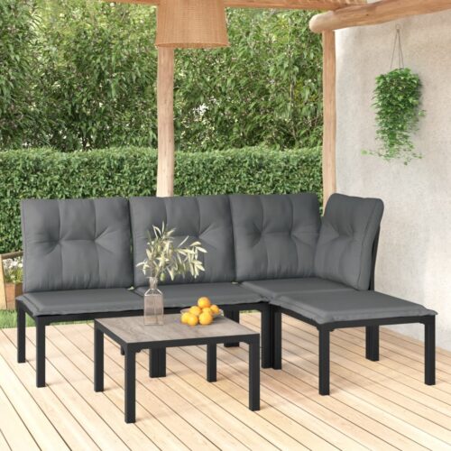 5-Piece Garden Lounge Set Black Grey Poly Rattan Wicker Outdoor Patio Furniture - Image 2