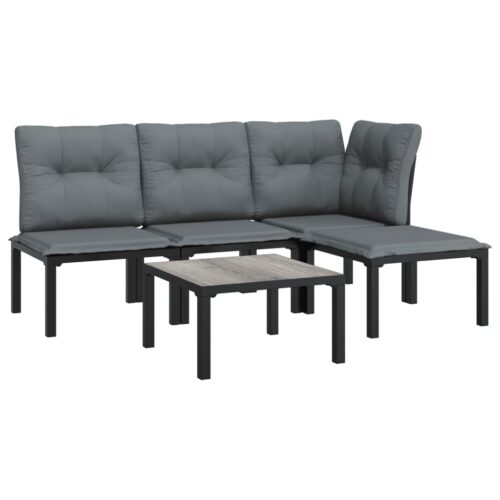 5-Piece Garden Lounge Set Black Grey Poly Rattan Wicker Outdoor Patio Furniture - Image 3
