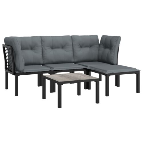 5-Piece Garden Lounge Set Black Grey Poly Rattan Wicker Outdoor Patio Furniture - Image 3