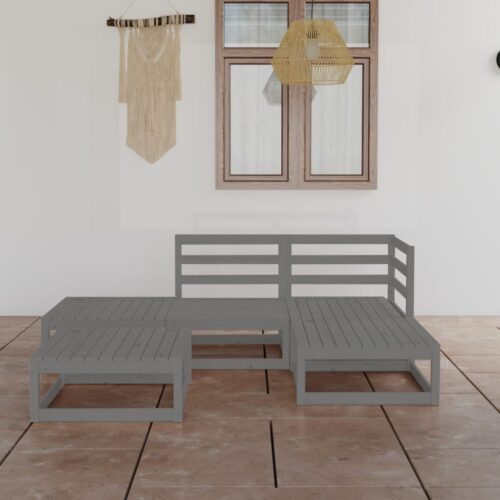 5-Piece Garden Lounge Set Grey Pine Wood Outdoor Patio Furniture - Image 2