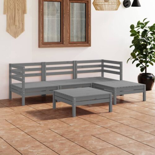 5-Piece Garden Lounge Set Pine Wood Outdoor Patio Furniture Grey - Image 2