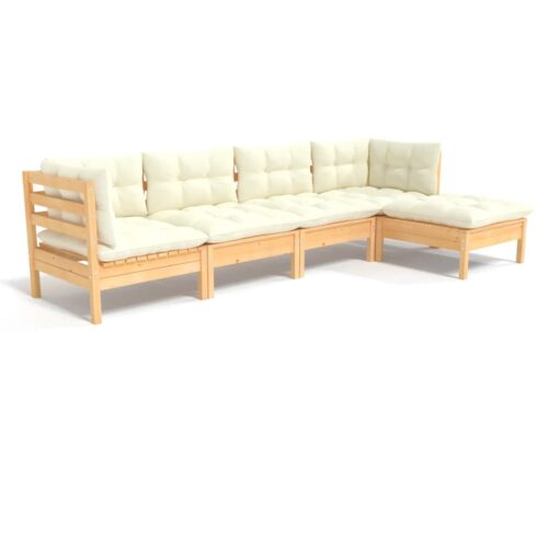 5-Piece Garden Lounge Set with Cream Cushions Pine Wood Outdoor Patio Furniture