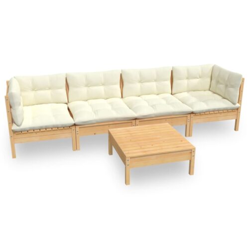 5-Piece Garden Lounge Set with Cream Cushions Pine Wood Outdoor Patio Furniture
