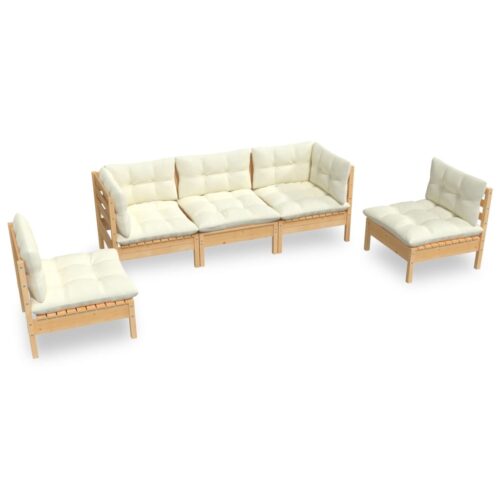5-Piece Garden Lounge Set with Cream Cushions Pine Wood Outdoor Patio Furniture