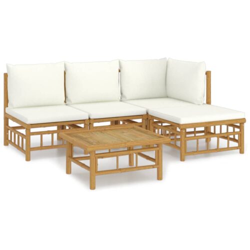 5-Piece Garden Lounge Set with Cream White Cushions Bamboo