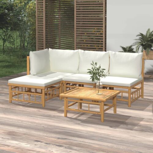 5-Piece Garden Lounge Set with Cream White Cushions Bamboo - Image 2